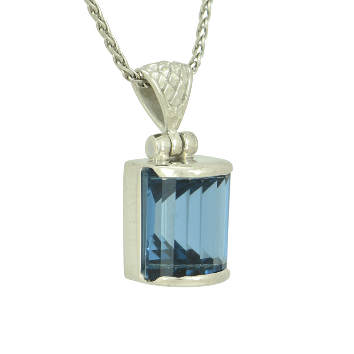 Blue Green Spinel Pendant, Curved Rectangle, set in Sterling Silver plated in White Rhodium