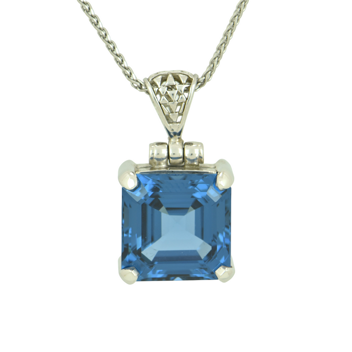 Blue Green Spinel Pendant, Asscher Cut, set in Sterling Silver plated in White Rhodium