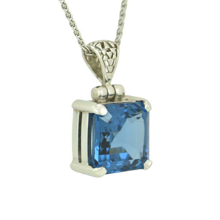 Blue Green Spinel Pendant, Asscher Cut, set in Sterling Silver plated in White Rhodium