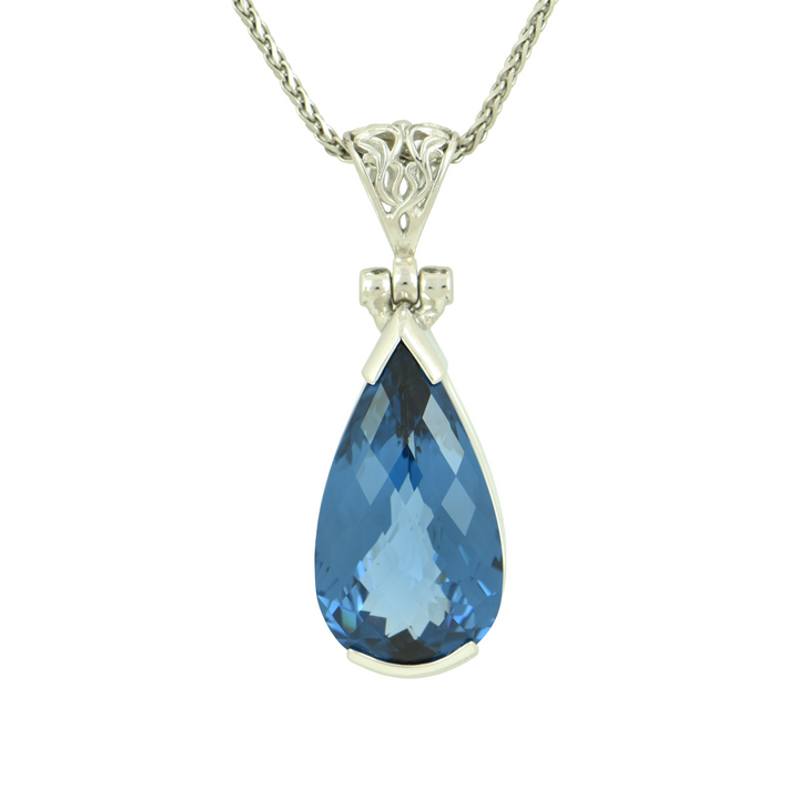 Blue Green Spinel Pendant, Pear Cut, set in Sterling Silver plated in White Rhodium