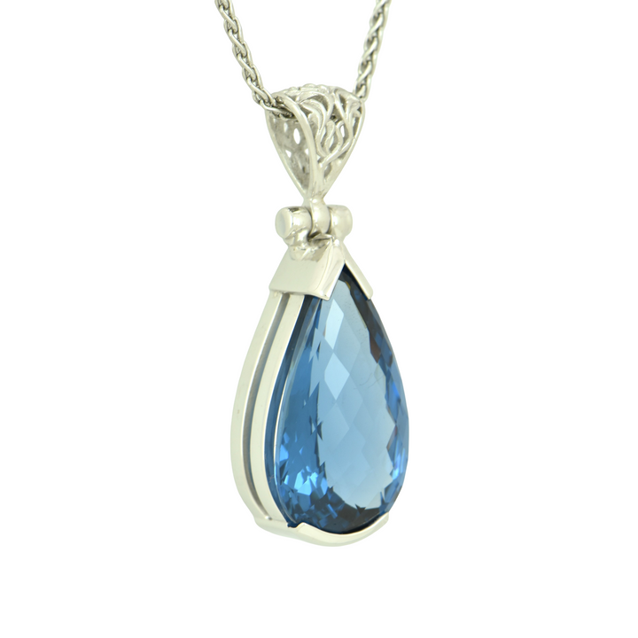 Blue Green Spinel Pendant, Pear Cut, set in Sterling Silver plated in White Rhodium