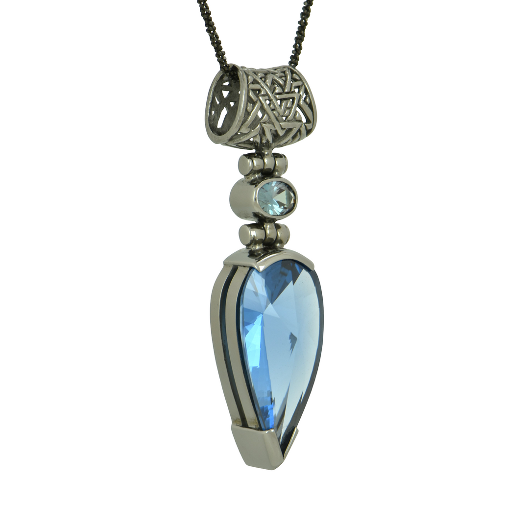 Blue Green Spinel Pendant, Pear Yin Yang Cut, set in Sterling Silver plated in Black Rhodium