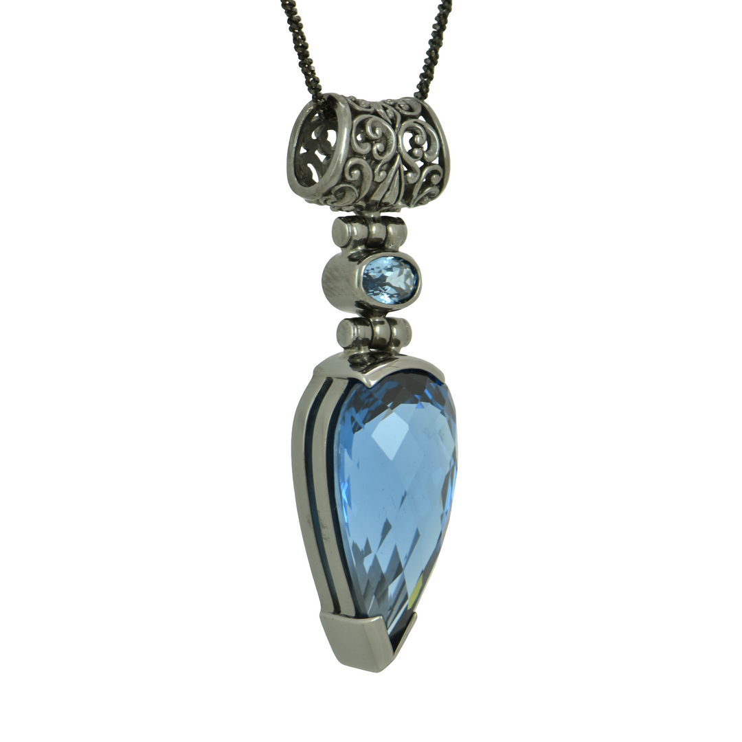 Blue Green Spinel Pendant, Pear Cut, set in Sterling Silver plated in Black Rhodium