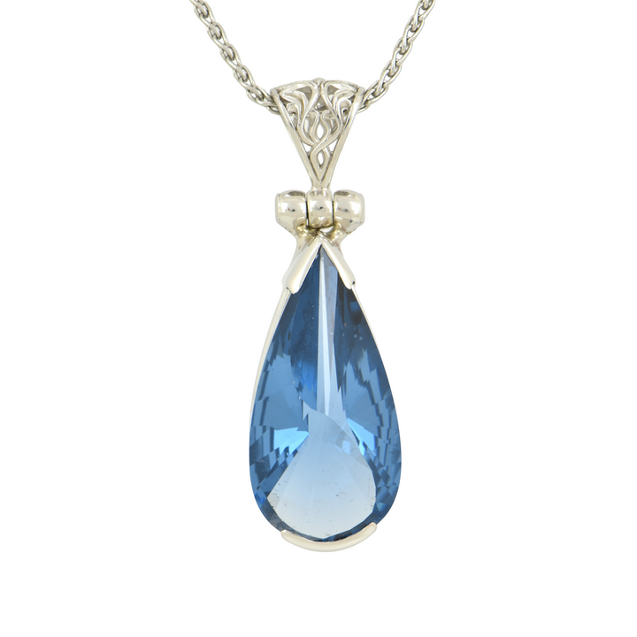 Blue Green Spinel Pendant, Pear Yin Yang Cut, set in Sterling Silver plated in White Rhodium