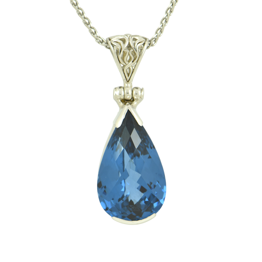 Blue Green Spinel Pendant, Pear Cut, set in Sterling Silver plated in White Rhodium