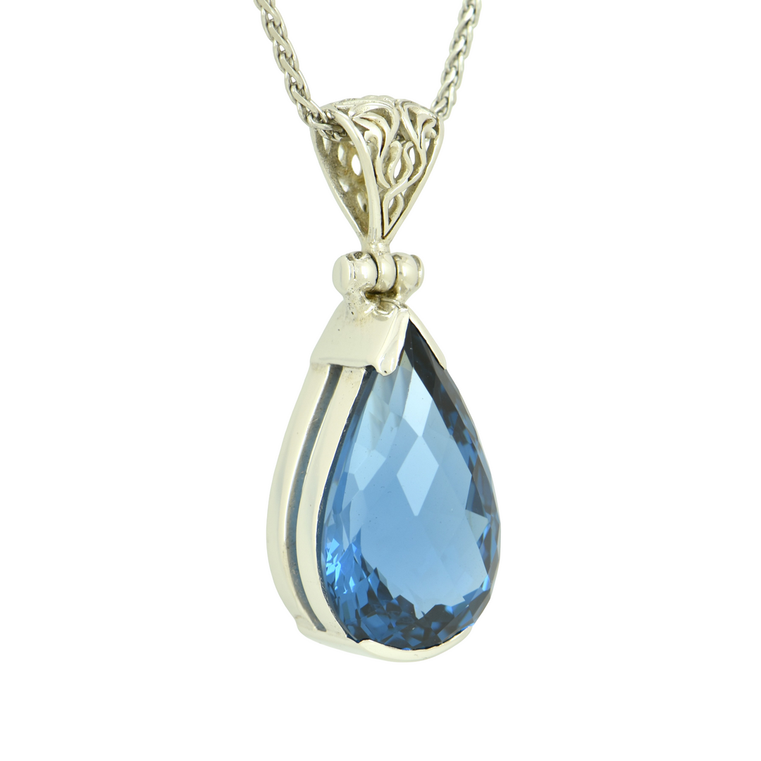 Blue Green Spinel Pendant, Pear Cut, set in Sterling Silver plated in White Rhodium