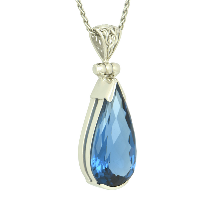 Blue Green Spinel Pendant, Pear Cut, set in Sterling Silver plated in White Rhodium