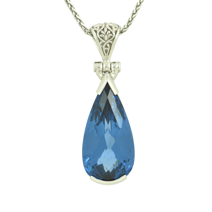 Blue Green Spinel Pendant, Pear Cut, set in Sterling Silver plated in White Rhodium