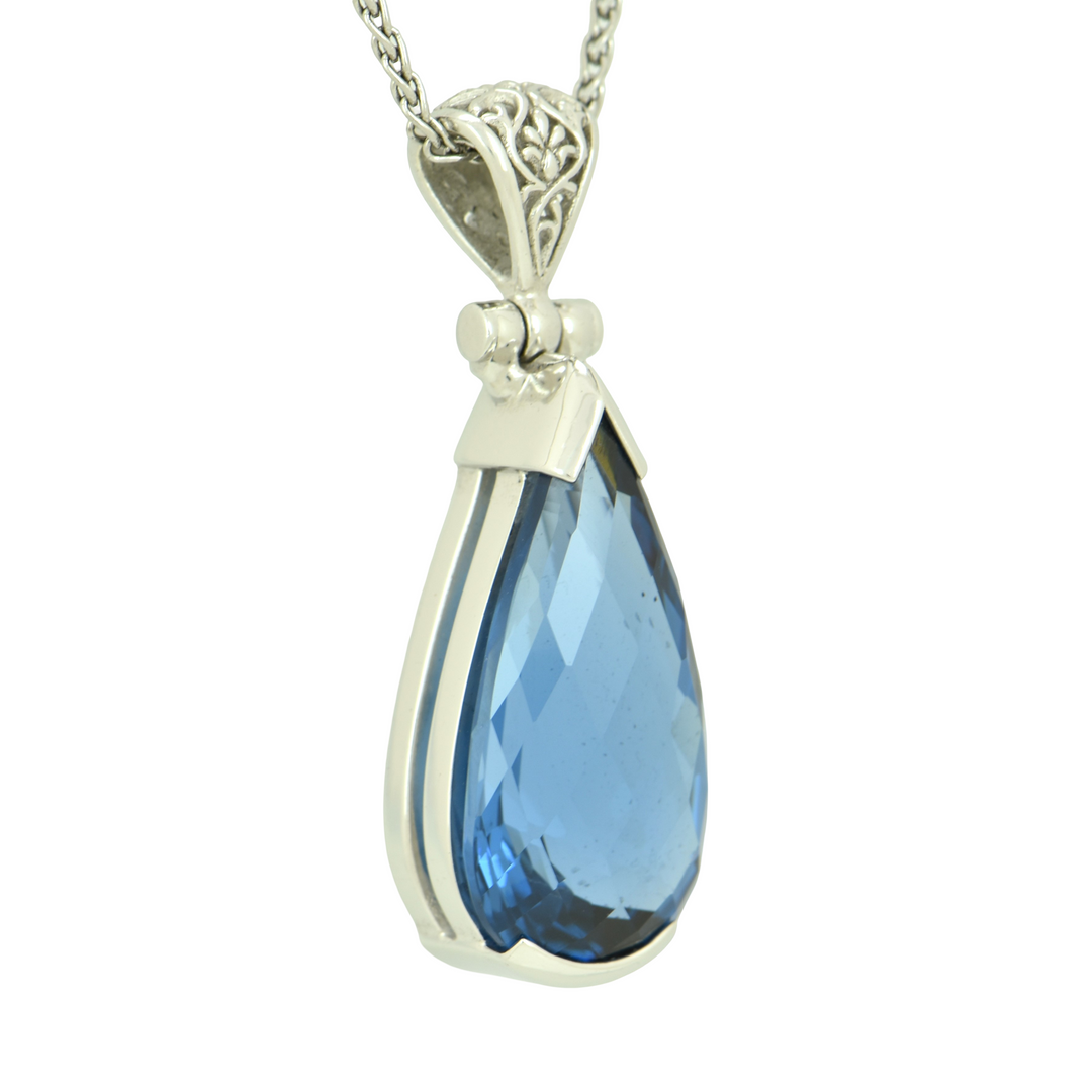 Blue Green Spinel Pendant, Pear Cut, set in Sterling Silver plated in White Rhodium