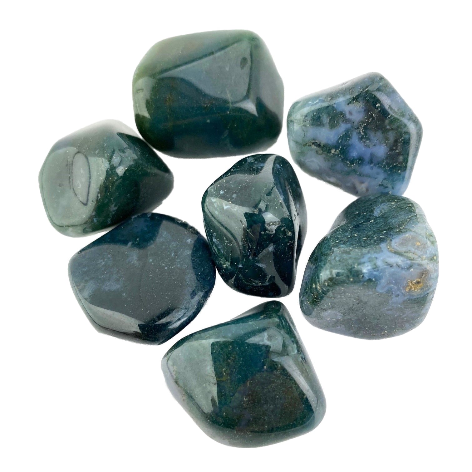 Polished agate stones with deep green tones and smooth finish