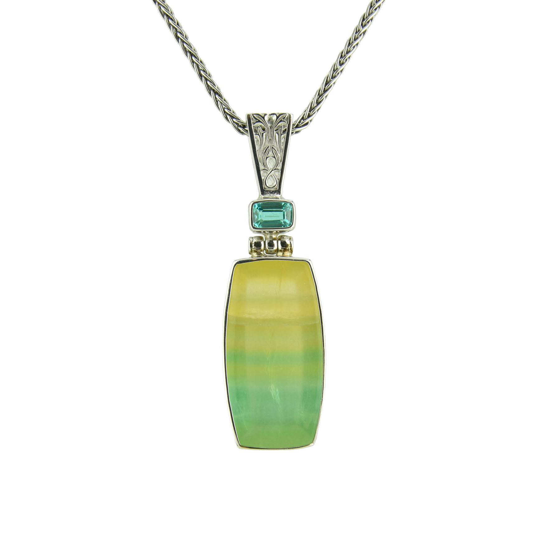 Rectangular green ombre fluorite gemstone pendant with a small teal accent stone set in sterling silver with gold detailing on a wheat chain