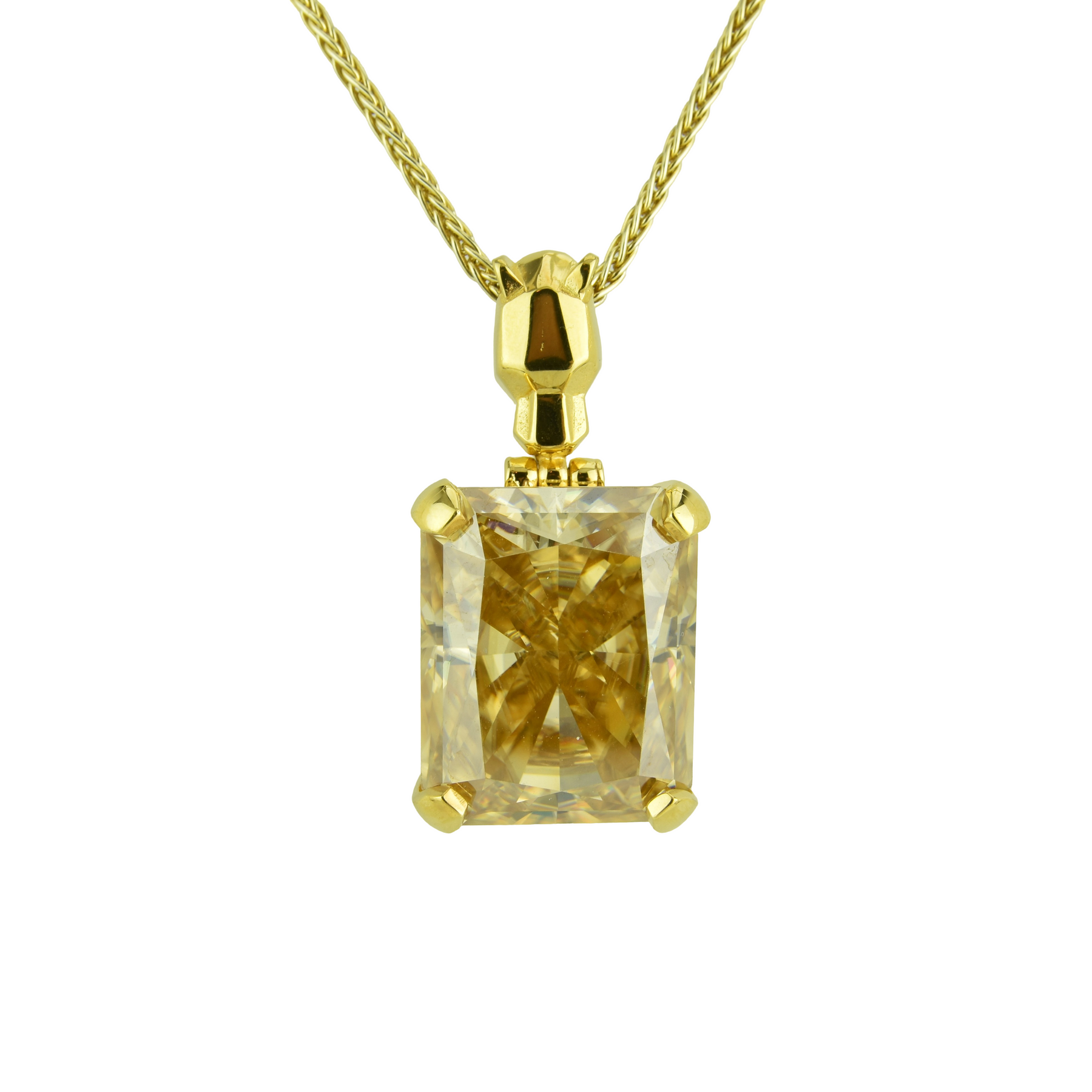 Champagne moissanite pendant jewelry with a radiant gold setting, showing how moissanite reflects light like stones compared by diamond’s weight in moissanite international designs.