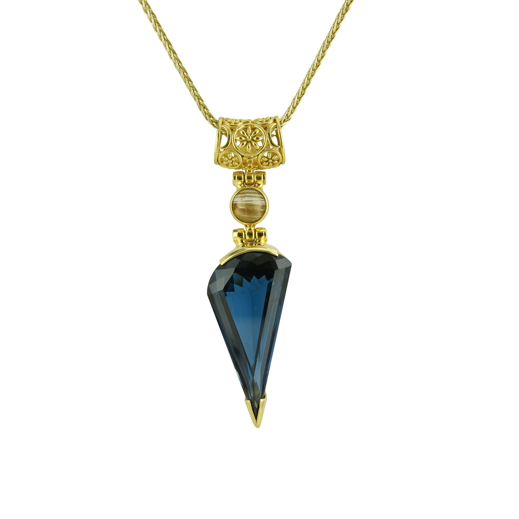 Blue green spinel pendant with tiger’s eye, enhancing self expression, throat chakra healing, and inner strength.