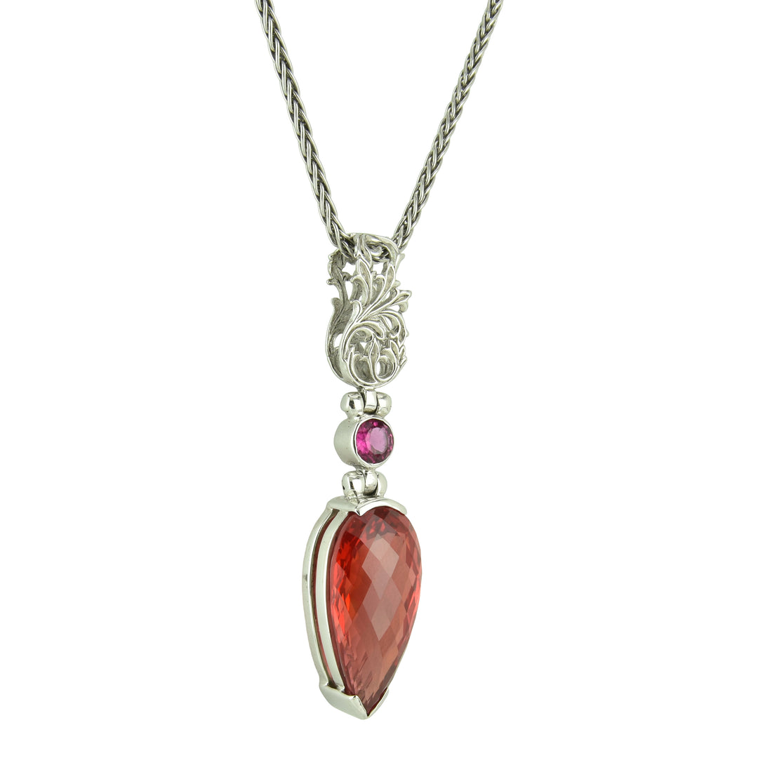 Pear Cut Padparadscha Sapphire Pendant, set in Sterling Silver plated in White Rhodium