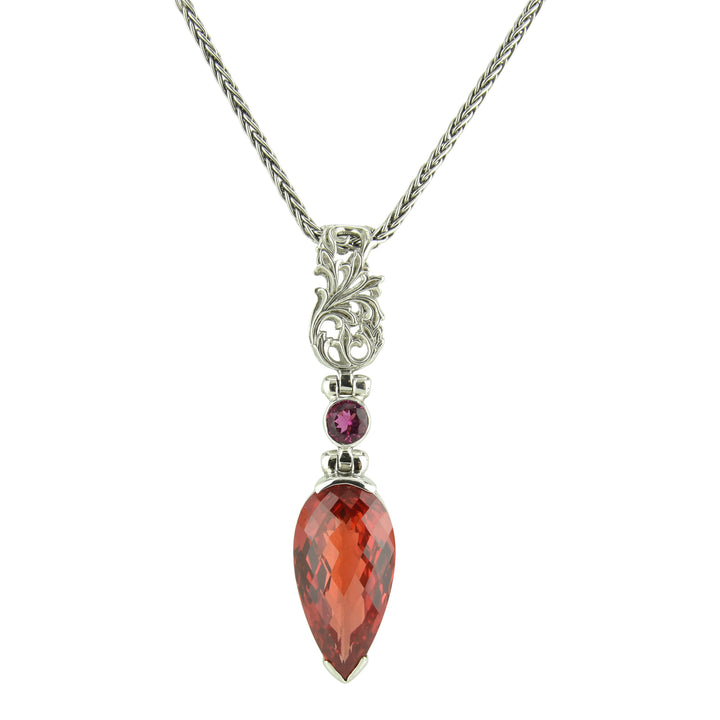 Pear Cut Padparadscha Sapphire Pendant, set in Sterling Silver plated in White Rhodium