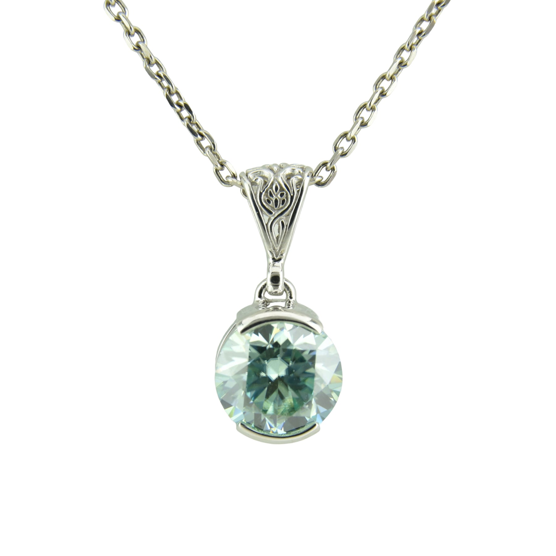 Blue Moissanite pendant with brilliant cut, channeling high vibrational crystals for enhancing intuition, psychic abilities, and inner peace through spiritual development.